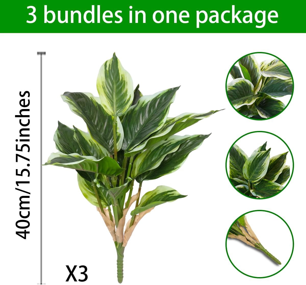 3PCS Artificial Tropical Green Plants – 15.75" Fake Hostas Outdoor Artificial Plants, UV Resistant, Faux Green Leaf Stems for Porch, Patio, Balcony, Garden Planter or Indoor Décor
