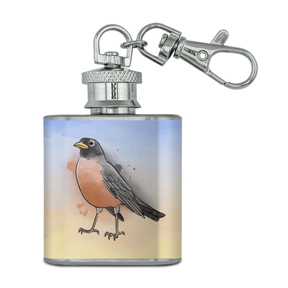 Robin Watercolor Northeastern Bird Stainless Steel 1oz Mini Flask Key Chain