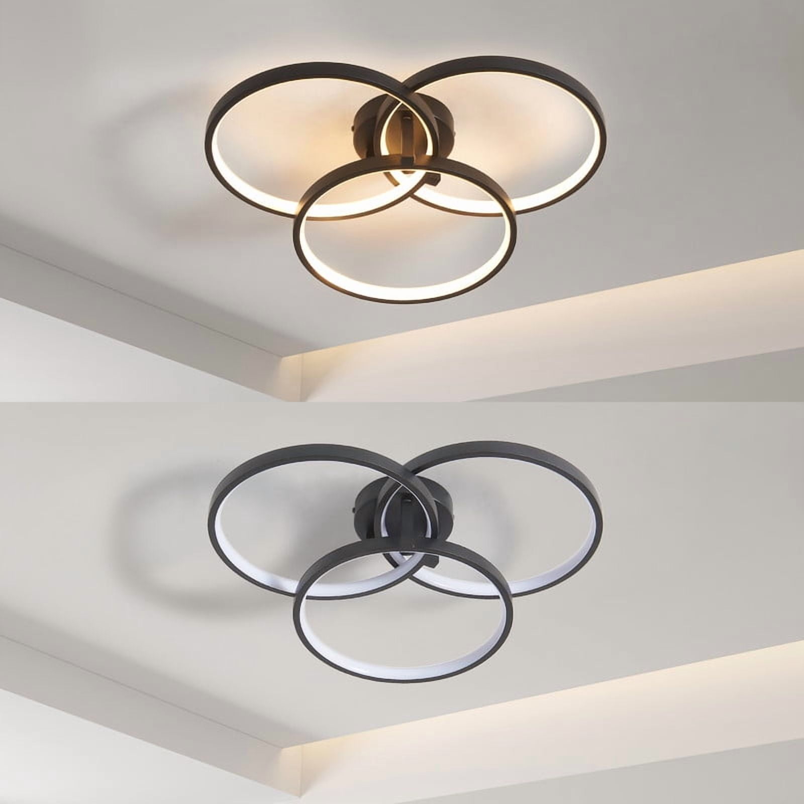 Modern Black LED Chandelier, 20-Inch 3-Ring Pendant Light Fixture, Flush Mount Ceiling Light for Dining Room, Kitchen Island, Bedroom or Living Room, Sleek and Energy-Efficient