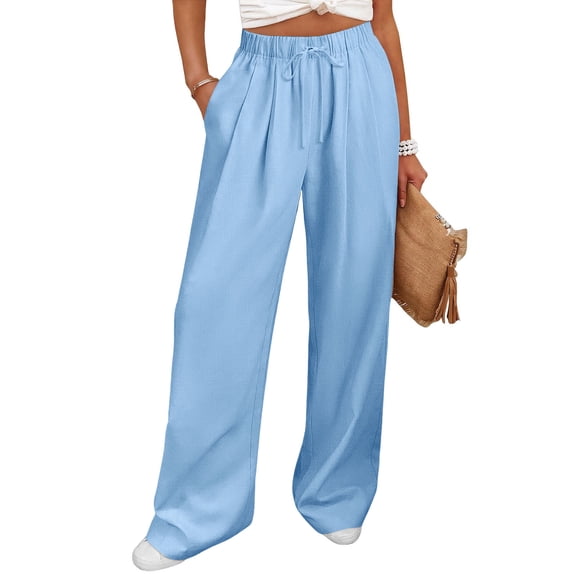 Cagogo Women Plus Size Wide Leg Pants Cotton Linen Elastic Waist Flowy Casual Lounge Trousers with Pockets Summer Loose Long Pants for Work Beach Wear, Sky Blue M