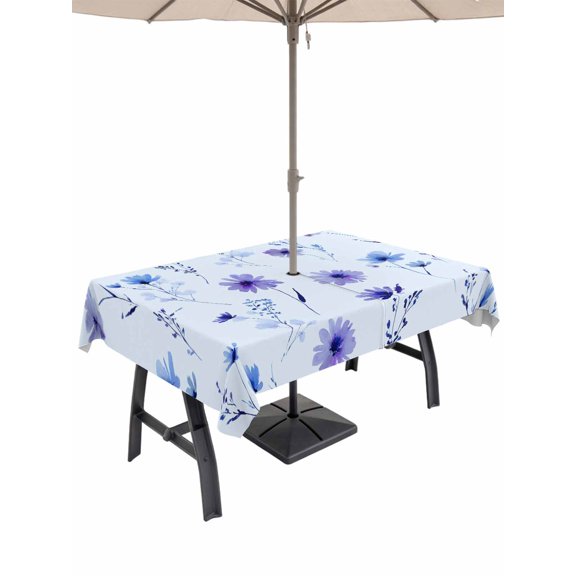 Outdoor Tablecloth with Umbrella Hole for Patio/Picnic/Party/Camping, Spring Purple Flowers Waterproof Table Cloth Rectangle Table Cover Washable, Wildflowers Pastoral Plants Country (52"x 70")