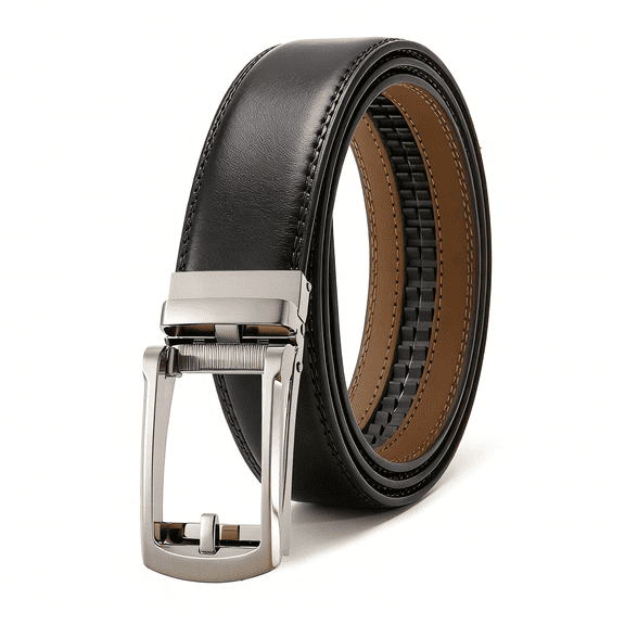 Men's Genuine Leather Auto Pin Buckle Dress Belt, Business Casual Adjustable Waist Belt, 33.49"-43.30" Adjustable 1.38 Inch Wide Full Grain Leather Strap, Black & Brown 2 Colors