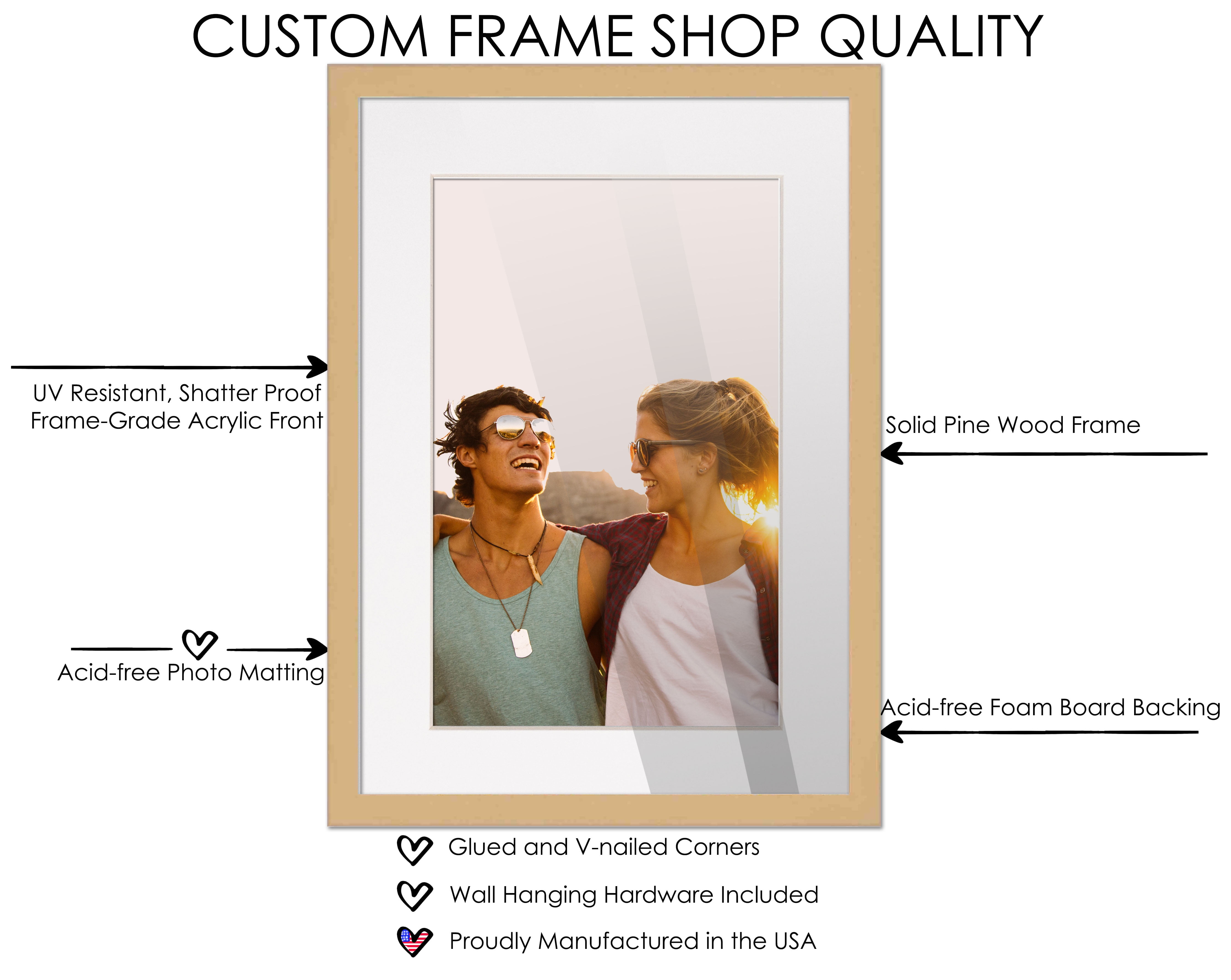 14x17 Natural Picture Frame with 11.5x14.5 White Mat Opening for 12x15 Image, 0.75 Inch Border, UV