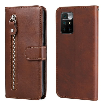 Case for Xiaomi Redmi 10 4G/10 Prime Zipper Pocket Wallet Leather Case Magnetic Closure Flip Cover - Brown