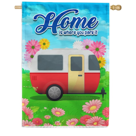 America Forever Home is Where We Park It House Flag Double Sided Spring Summer Floral Camping Trailer Van RV Camping Flags for Campers Seasonal Yard Outdoor Decorative Flag - 28 x 40 Inch
