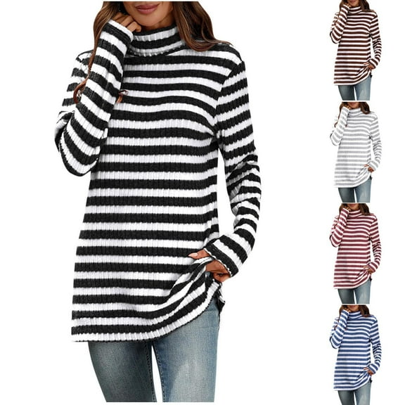 Ashirexll Womens Long Sleeve T Shirts Winter Tops for Casual High Neck Striped Pullover Fall Winter Comfortable Top