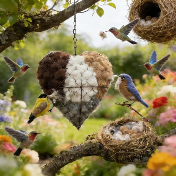 Handmade Alpaca Fiber Bird Nesting Heart, Refillable Bird Nesting Heart Outdoor Yard Art with Natural Nesting Materials, Outdoor Yard Art for Hummingbirds and Small Birds(Q)