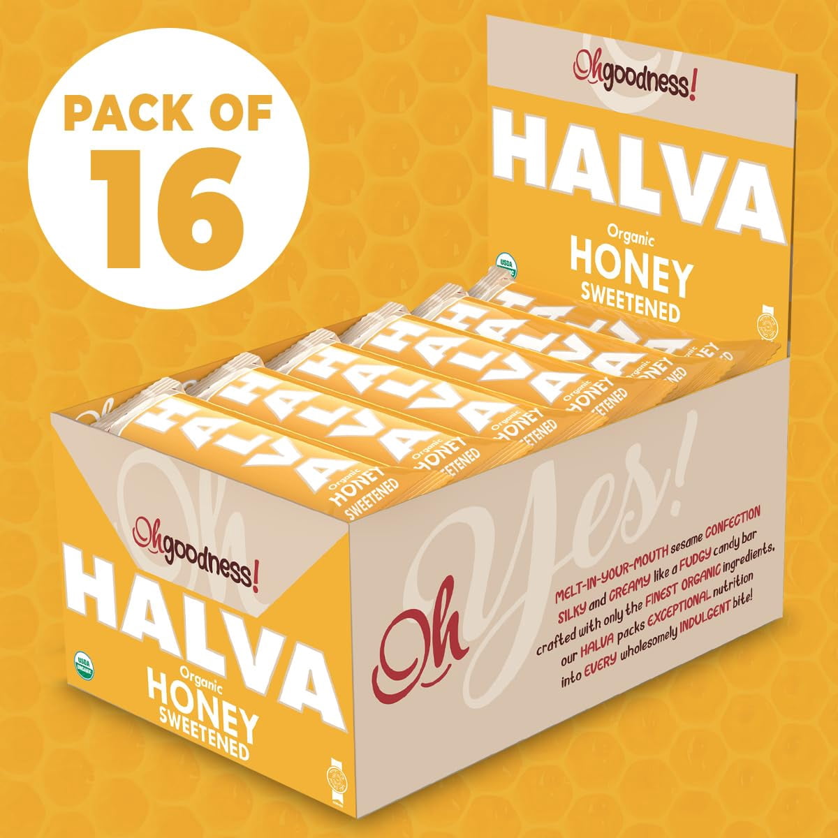 Oh, Goodness! Organic Halva Bars - Paleo Friendly - No Additives, Refined-Sugar, or Artificial Sweeteners - 40g Each - 16 Pack (Honey)