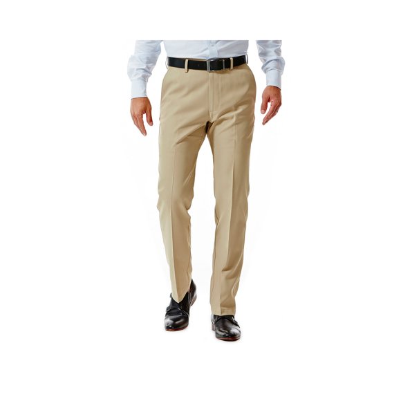 Haggar Men's Performance Solid Gabardine Straight Fit Plain Front Slack, Tan, 34x32