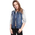 thumbnail image 4 of INSPIRE CHIC Women's Washed Denim Jacket Contrast Sleeve Drawstring Hood Button Down Outerwear M Dark Blue, 4 of 6