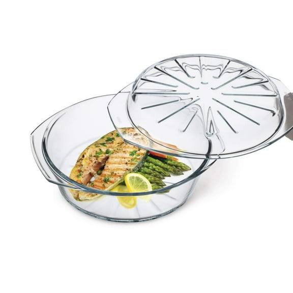 Simax Glassware Clear Glass Round Casserole | With Lid – Raised Ridges for Fat Free Cooking – Durable Borosilicate Glass – Microwave and Dishwasher Safe – Made in Europe – 2.6 Quart Round Baking Dish