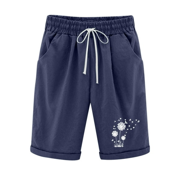 fartey Short en Coton et Lin pour Femmes avec Cordon de Serrage Graphique Pissenlit 5 Pouces Pantalon Taille Élastique Poches Coupe Respirante Demi-Pantalon