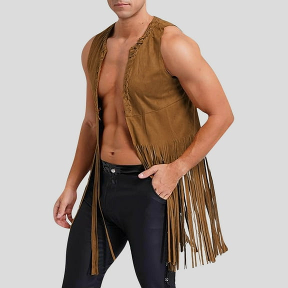 Donemore Men's Fashion Solid Color Sleeveless Fringe Mid-Length Buttonless Vest Cardigan Round Neck Tank Top - Trendy Casual Stylish Design