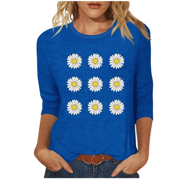 Tops de Cuello Redondo para las Mujeres Moda Impresa 3/4 Mangas Blusa Casual Top, Estante de Imitación