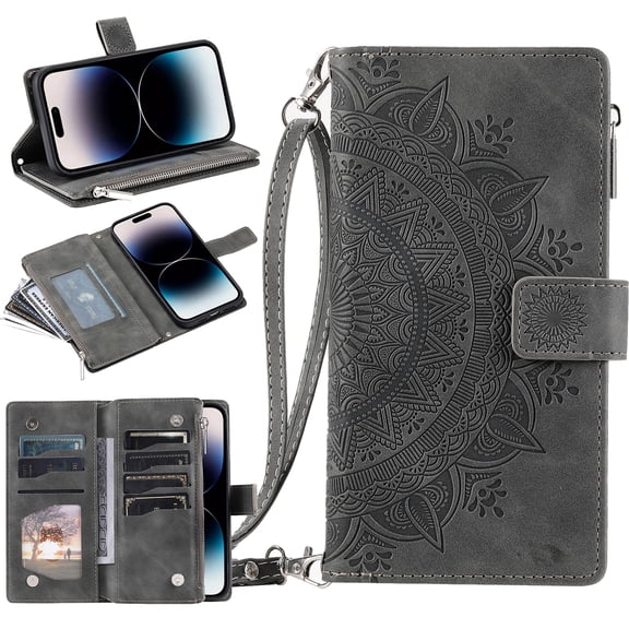 For Samsung Galaxy S25 FE Embossed Floral Pattern PU Leather Crossbody Case with Shoulder Strap,Magnetic Flip Kickstand [RFID Blocking] Credit Card Slots Zipper Pocket Wallet Phone Case,Gray