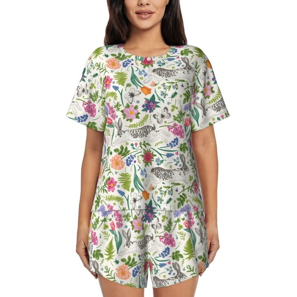 Fotbe Rabbit And Butterfly Conjunto de Pijama Estampado para Mujer, 2 Piezas, Ropa de Dormir con Camiseta de Manga Corta y Shorts Suaves-Medium