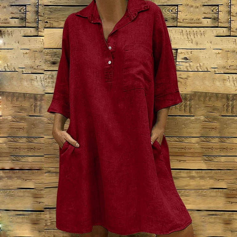 Women Cotton Linen Dresses 3/4 Sleeve Loose Fit Relaxed Solid Flowy Button  Casual Dress Classic Aline V-Neck Ruffles Mini Length Breathable Cozy  Dailywear Outfits Clothing - Walmart.com