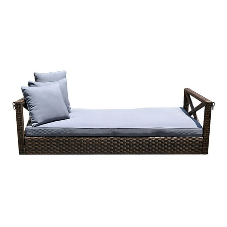 Round Wicker Porch Swing Bed S23 Espresso 78'' Patio Porch Swing Bed Chair Resin Wicker Tree Ceiling Hanger Hanging W/Chains ()