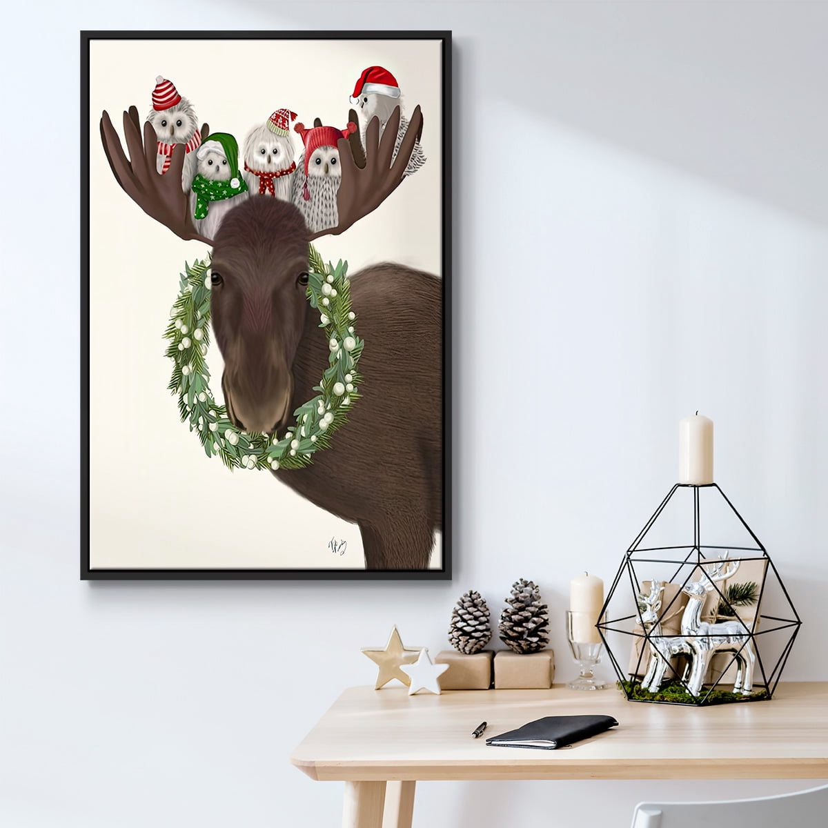 Christmas Moose and Christmas Owls - Framed Gallery Wrapped Holiday Canvas - 25 x 37 - Black Frame