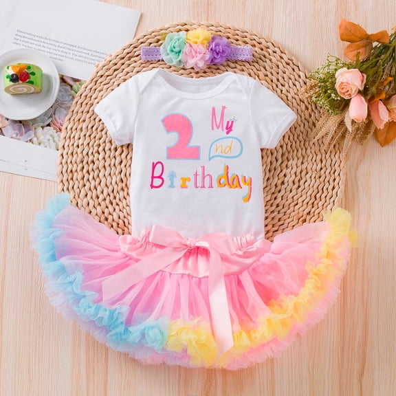 SONGGE Baby Girls Outfit Sets Summer Casual Dress Set With Print Short Sleeve O-Neck Romper Party Birthday Outfit Sets For Toddler Back To School Fashionable Clothes Sets