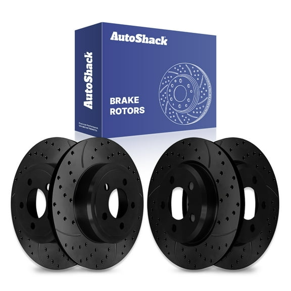 AutoShack Front Vented & Rear Solid Drilled & Slotted E-Coated Brake Rotors Black Finish 4-PC Set Replacement for 2006-2023 Dodge Charger 2005-2023 Chrysler 300 2009-2023 Dodge Challenger NightGuard