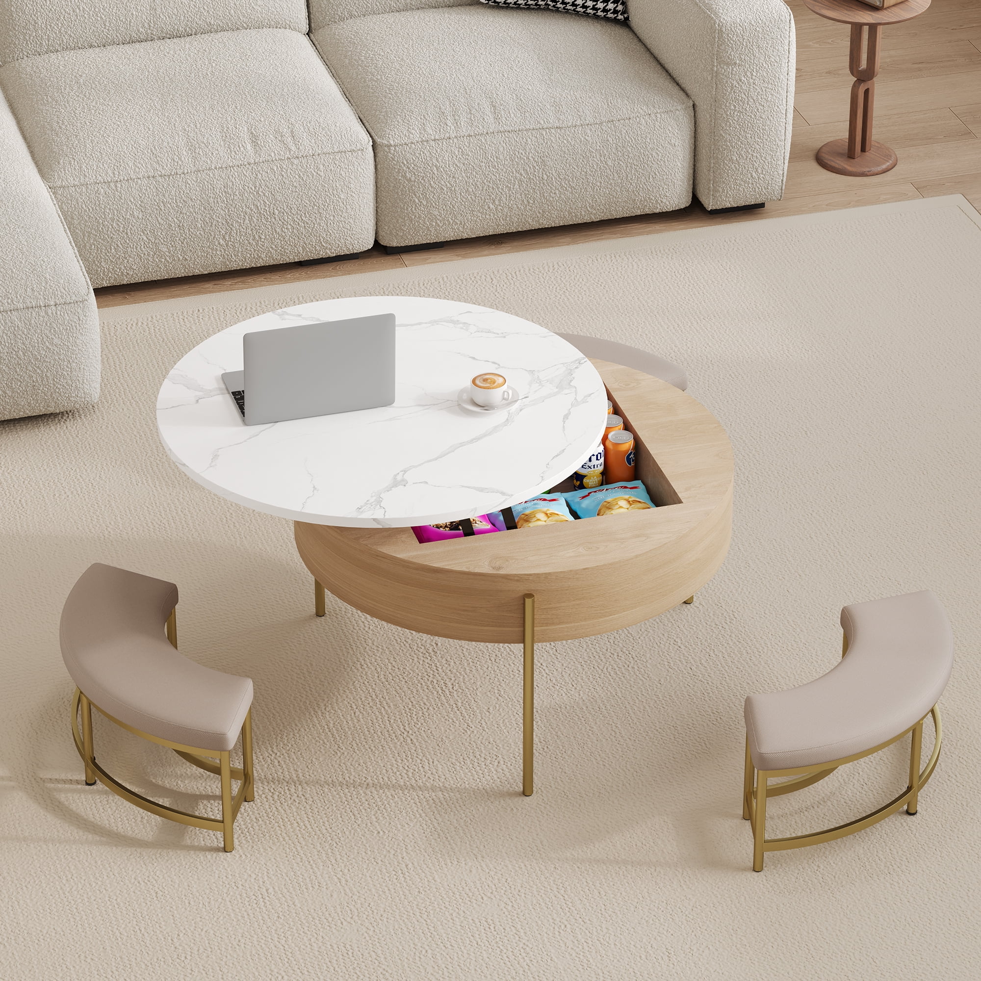 Harper & Bright Designs Round Lift-Top Coffee Table with Ottomans and Storage, Gold Center Table Set with Stools Underneath for Living Room, White & Natural