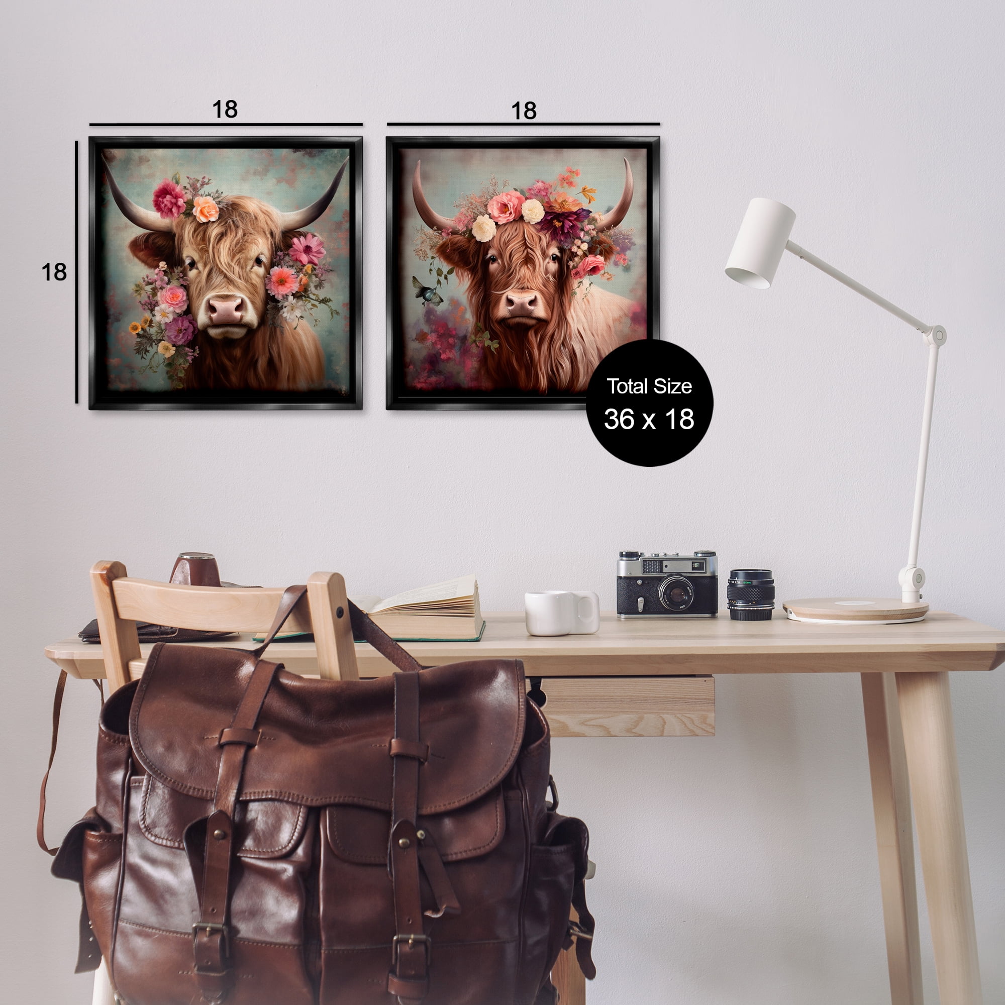 Stupell Industries Highland Cow Field Flower Crown Animals Painting Black Floater Framed Canvas Art Print Wall Art, 18 x 18, Set of 2