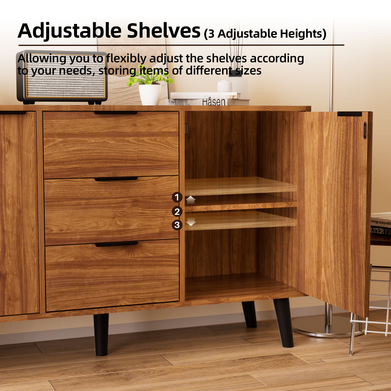 Msutree Buffet Sideboard Cabinet with Storage, Mid-Century Storage Cabinet with 3 Drawers and 2 Doors, Kitchen Pantry Cabinet, Freestanding Accent Storage Cabinet for Living Room, Entryway