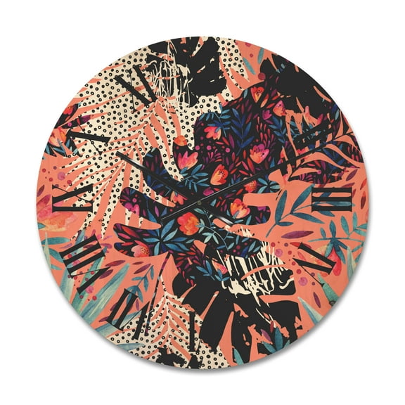 Designart 'Abstract Tropical Floral Patchwork II' Tropical Wood Wall Clock