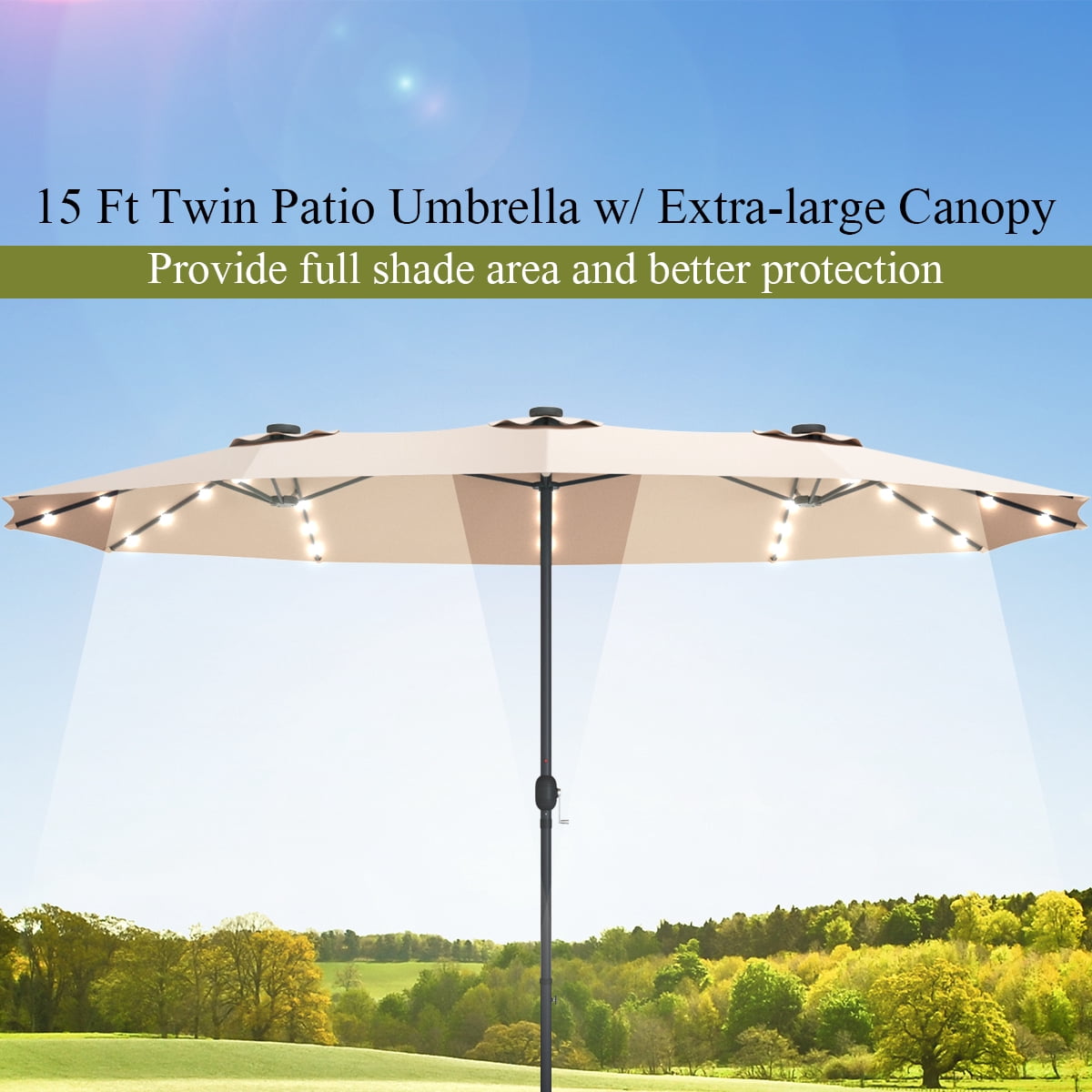 Topbuy 15' Outdoor Solar LED Patio Double-Sided Market Umbrella Beige