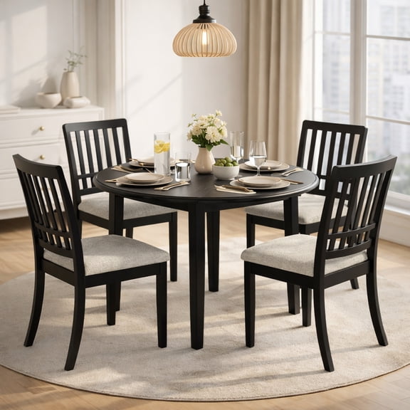 GOMYHOME 5-Piece Round Drop Leaf Dining Set, Wood Table with Upholstered Chairs, Black