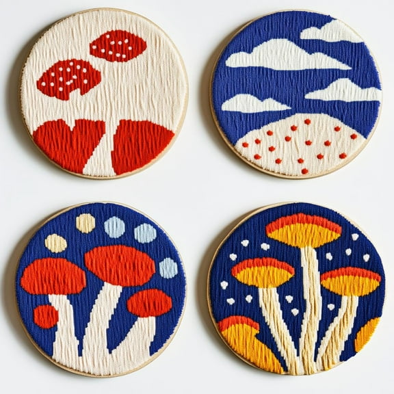4 Set DIY Punch Needle Coaster Kits Red Mushroom and Flowers Easy for Beginners with Adhesive Felt Hoop Punch Needle Embroidery Starter Set with Pattern for Drink Cups Mat Home Decor-9