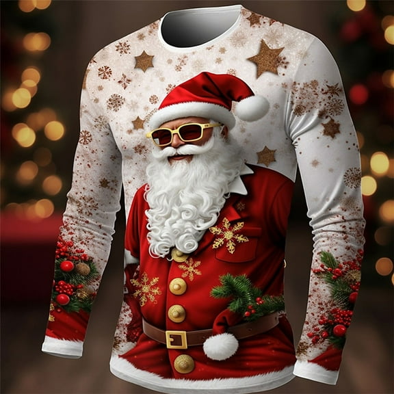 COSFO Tee Shirts Mens Funny Christmas Casual Long Sleeve Shirts Collared Pullover Loose Fit Party Graphic Tees