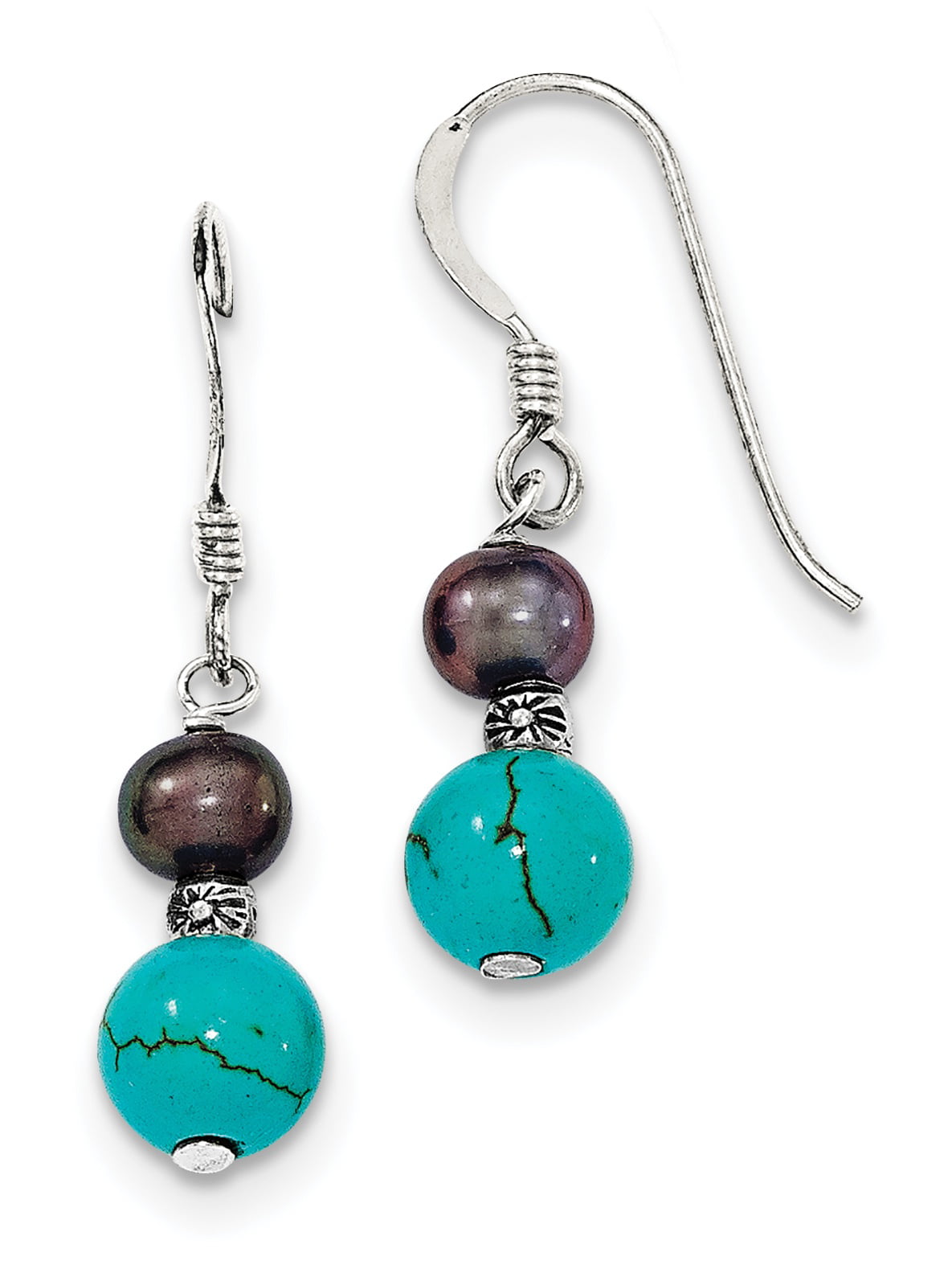 Turquoise and Biwa Pearl Solid Silver Dangle Earrings 