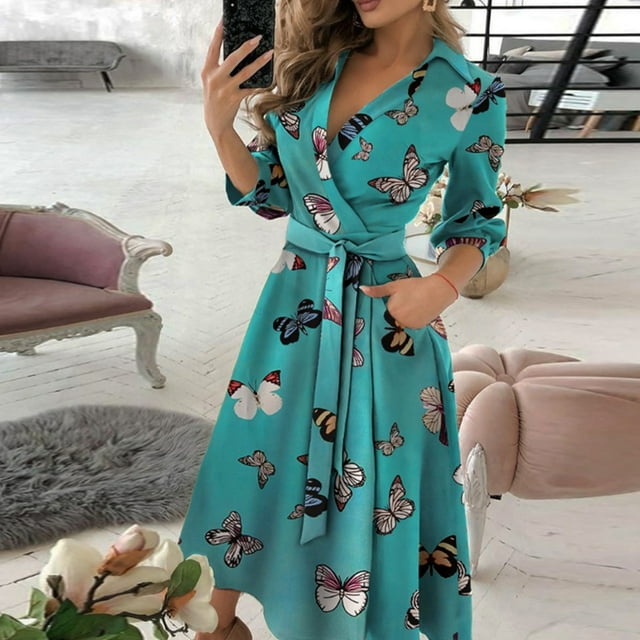 Pisexur Robe Maxi à Manches Longues pour Femmes, Style Bohème, en Mousseline Imprimée, Col à Revers, Longue Robe Ample, Robes de Printemps