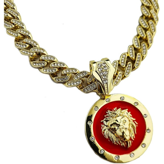 Hip Hop Iced Gold Plated Cubic Zirconia Lion Medal Pendant & 13mm 24" Cuban Box Lock Chain Jewelry Bling Necklace Set