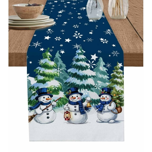 Navy Blue White Snowman Christmas Table Runner 60 Inches, Xmas Tree Snowflake Winter Bed Runner Dresser Scarves Tabletop for Indoor Outdoor Parties/Ceremony/Banquet, 13" x 60"