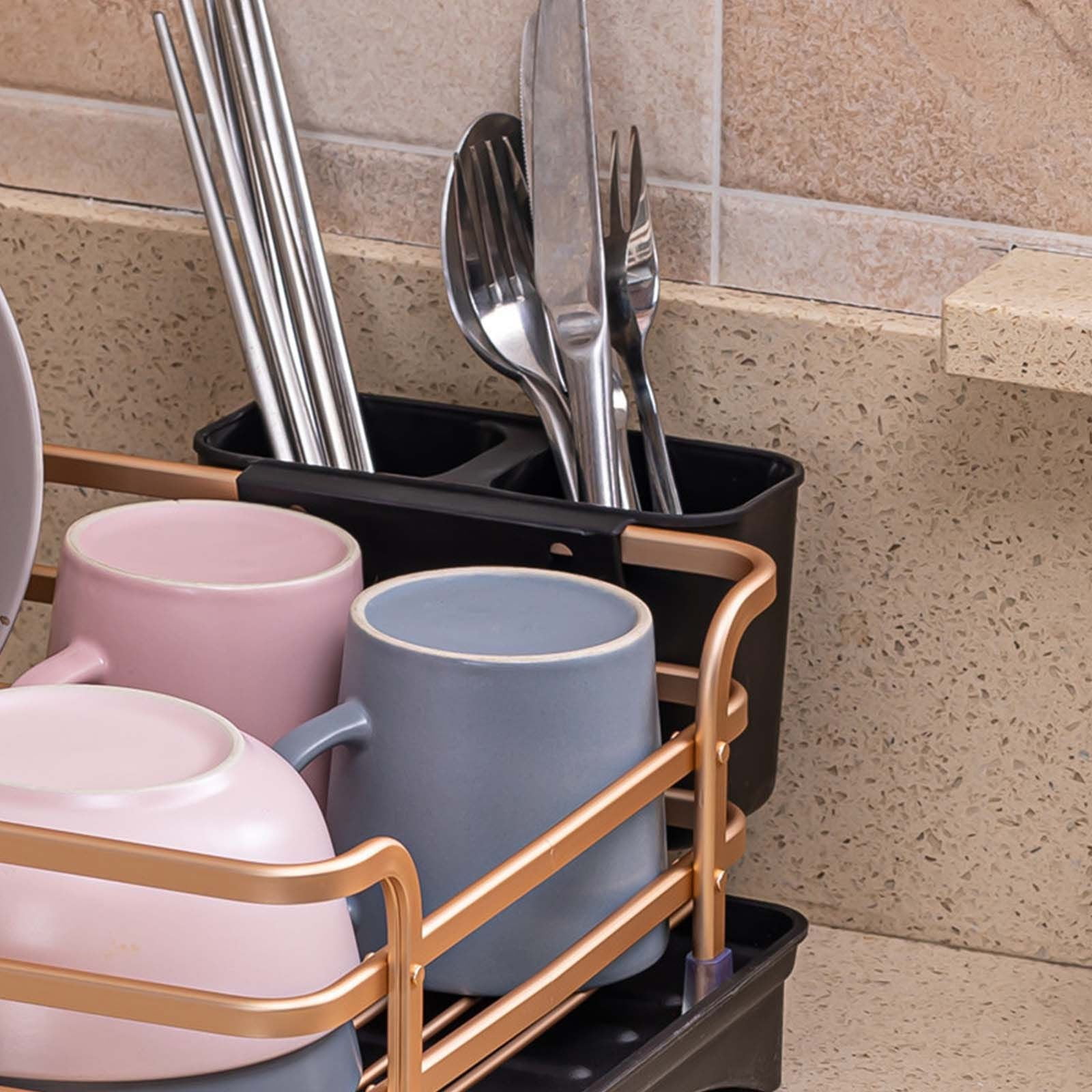 Huayishang Dish Drying Rack Aluminum Dish Drying Rack Counter Rustproof Dish Storage with Cutlery Holder Removable Drainer Tray Rose Gold, Kitchen Essentials Clearance Sale Gold