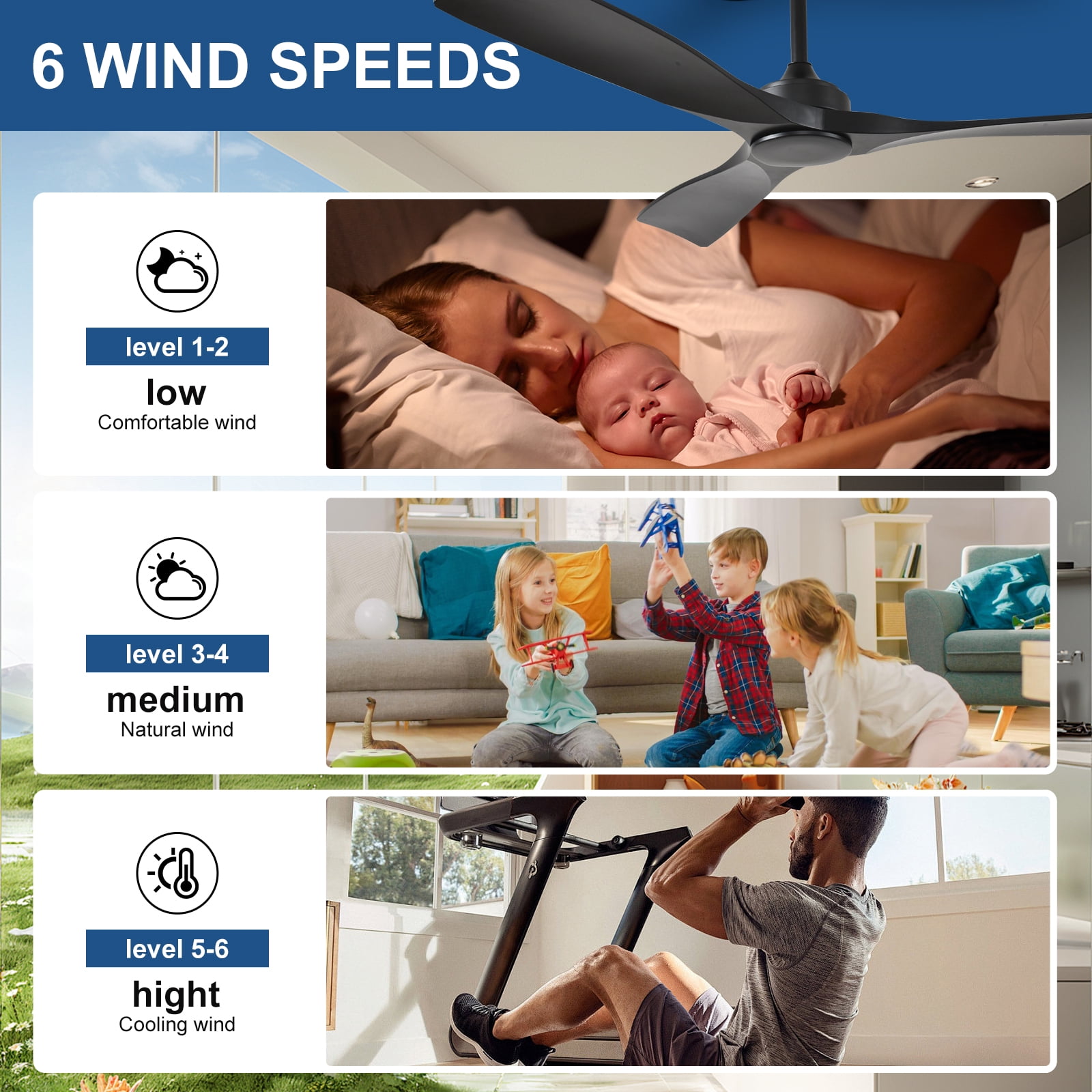 52-Inch Black Ceiling Fan with no Light: Indoor/Outdoor Use Hanging Fan, Remote Control, High Efficiency with Quiet DC Motor, Timer Function