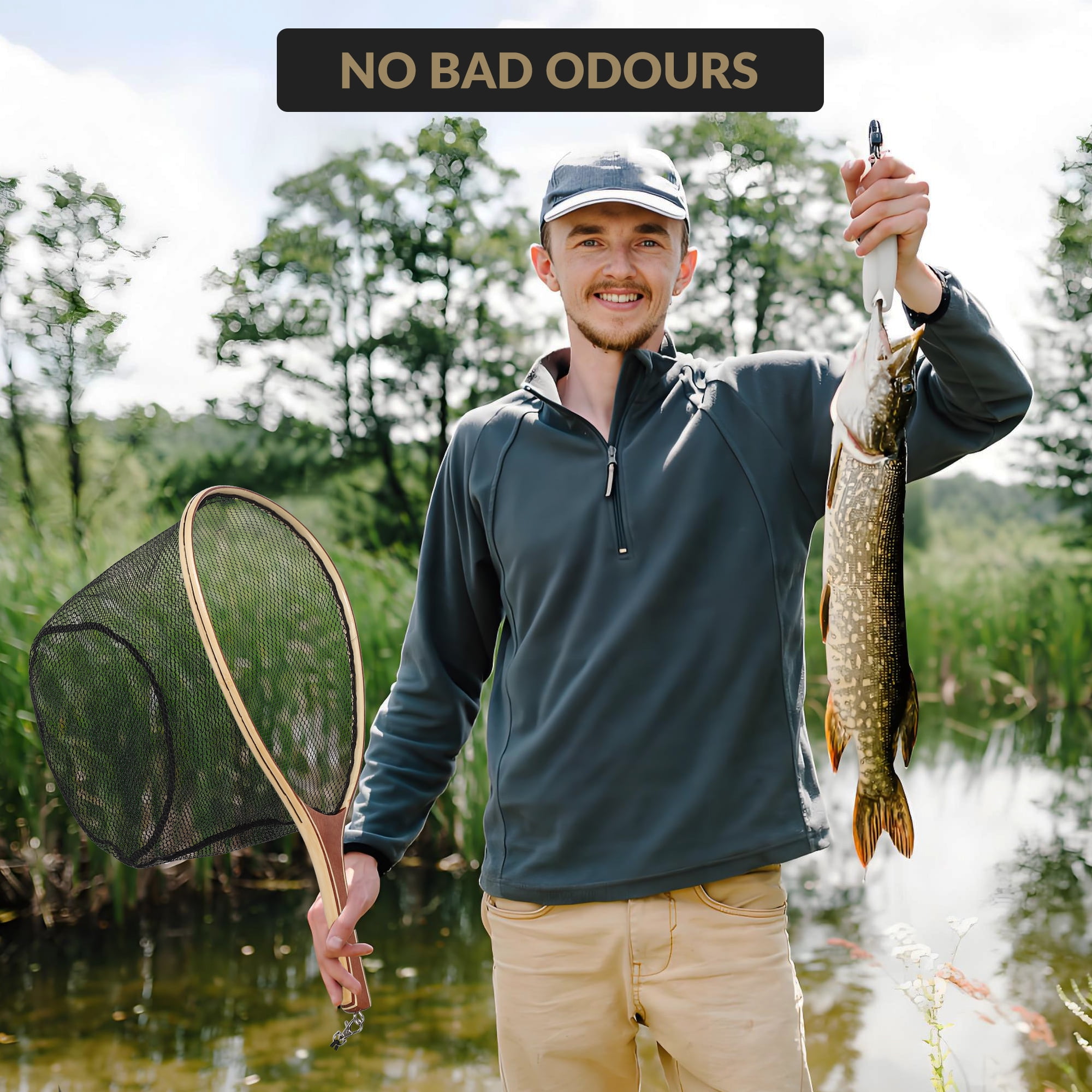 Fly Fishing Net Trout Net, Wooden Frame Landing Net with Soft Rubber Mesh for Catch and Release (Clear Small Holes)