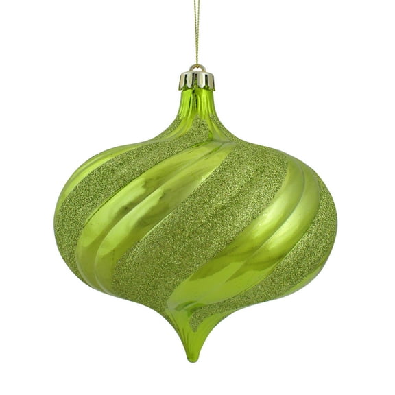 4ct Shiny Green Kiwi Glitter Swirl Shatterproof Onion Christmas Ornaments 5.75"