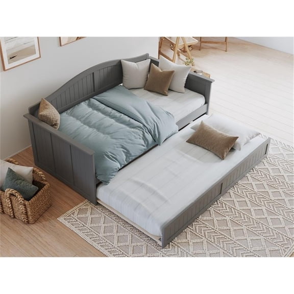 Pemberly Row Mid-Century Solid Wood Daybed with Twin Trundle in Gray