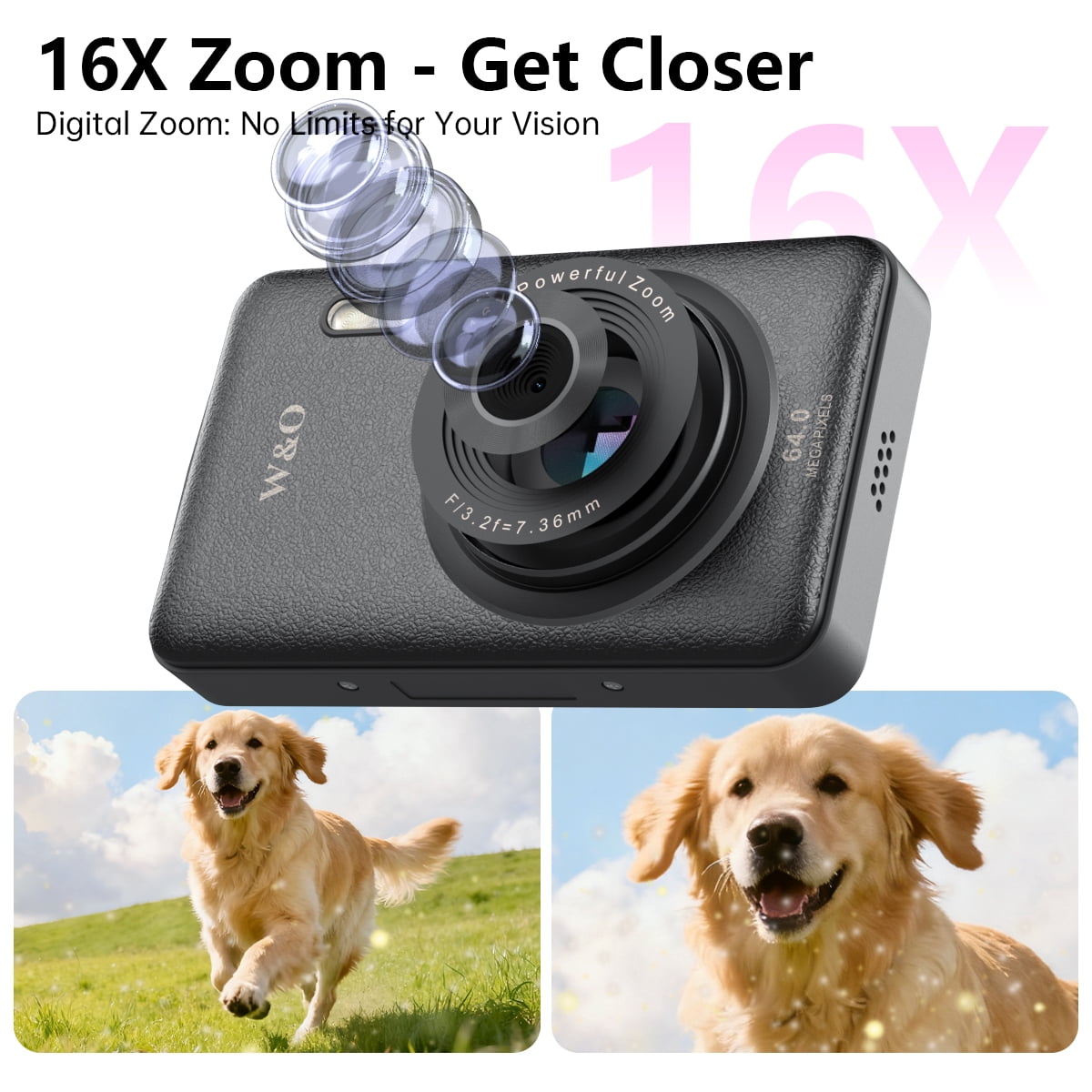 W & O Q3 Portable 16x Digital Zoom 48 MP CCD Point & Shoot Digital Camera with 32GB SD Card, Black