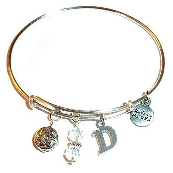Hidden Hollow Beads "D" Initial Charm Expandable Wire Bangle Bracelet, COMES IN A GIFT BOX!