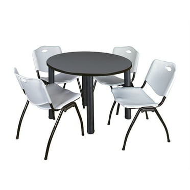 Belen Kox Kee 36" Round Breakroom Table- Grey/ Black & 4 'M' Stack Chairs- Grey