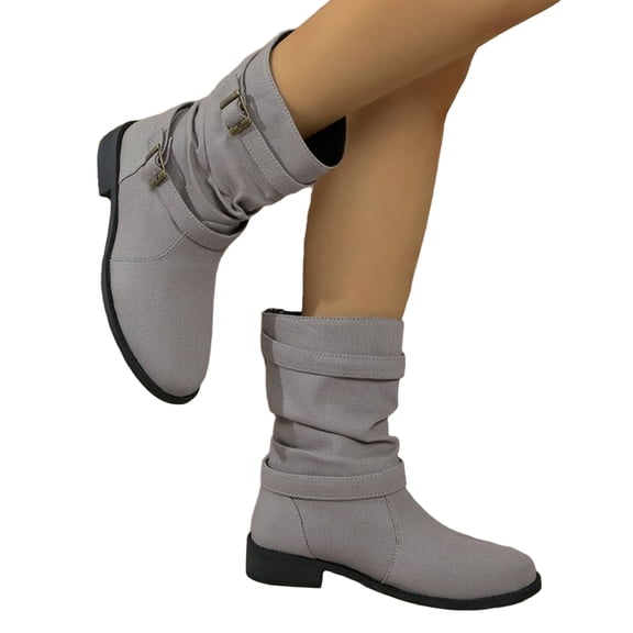 EKVAHL Women's Slouch Mid‑Calf Boots, Adjustable Strap Faux Denim Boots, Round Toe Classic Outdoor Daily Walking Boots Gray