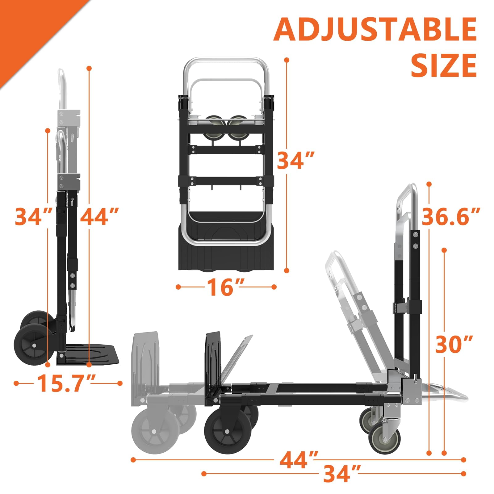 3-in-1 Heavy Duty Folding Dolly, Convertible Hand Truck Portable Steel with Telescopic Handle & Dolly Cart with Rubber Wheels, 580LB Capacity,Black