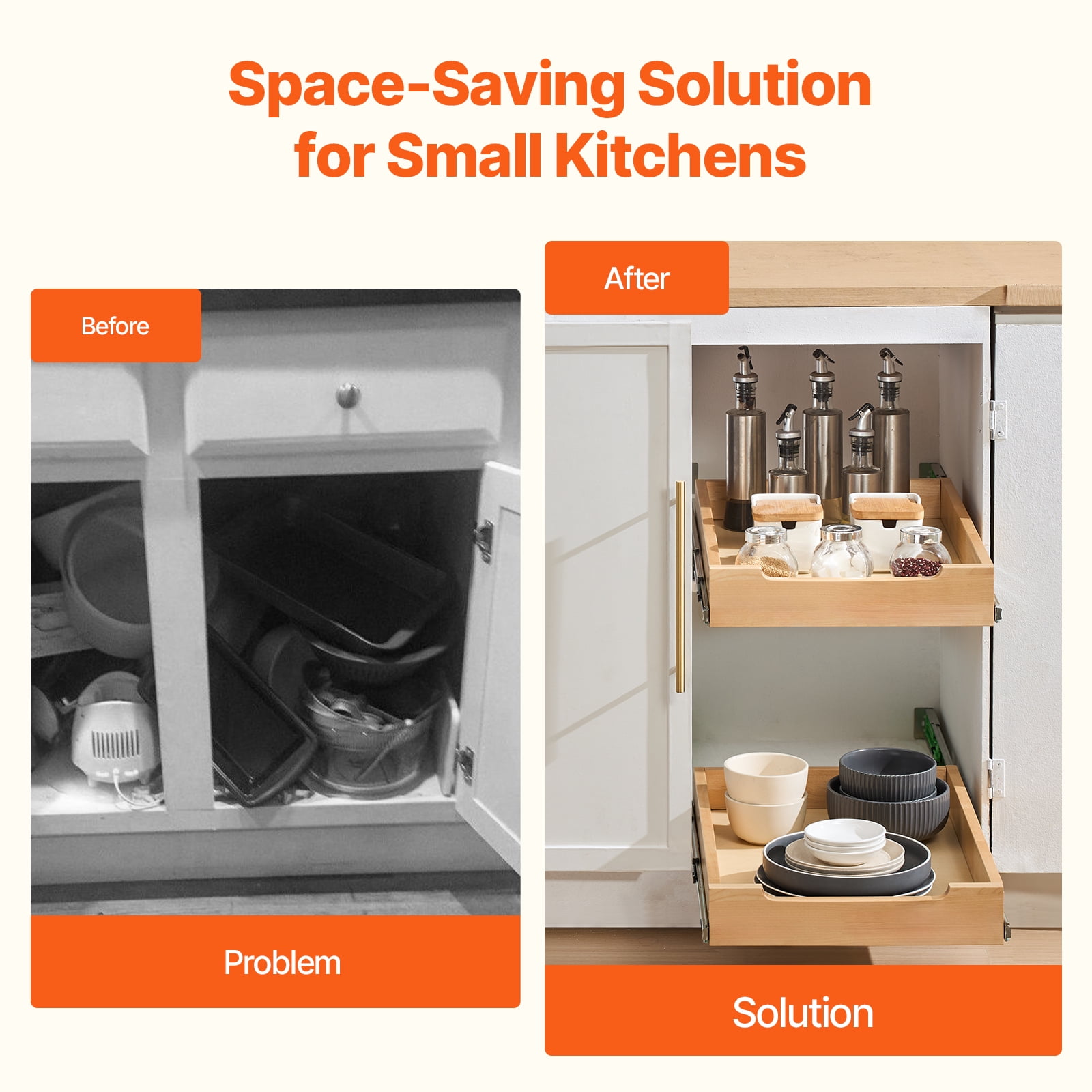 KFFKFF Pull-Out Cabinet Organizer, 14"W x 21"D Sliding Drawer, Soft-Close Wooden Shelf, Durable Slide-Out Storage Solution, Base Cabinet Organizer for Kitchen, Pantry, and Bathroom