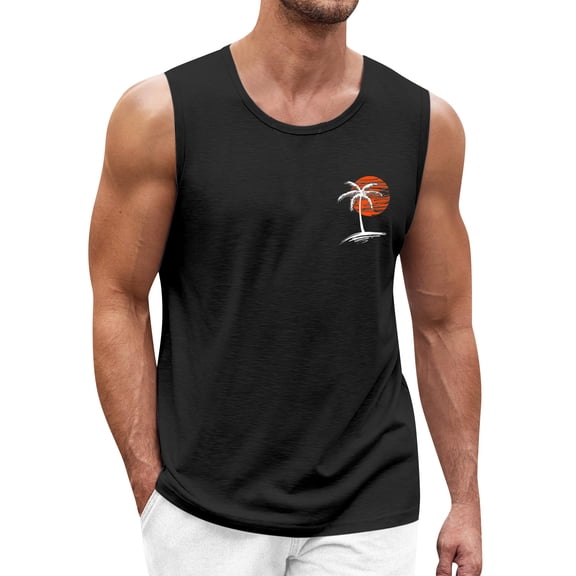 Men's Summer Hawaiian Printed Surf Beach Tank Top, Casual Loose Breathable Sleeveless Shirt, Black, L