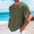 thumbnail image 2 of Men's & Big Linen Shirt with Short Sleeve Beach Hippie V Neck T Shirts Casual Summer Lightweight Tropical Shirts Size S-4XL Army Green, 2 of 6